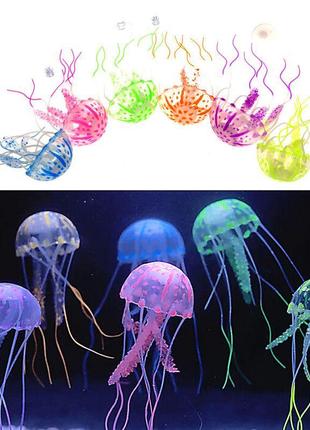 Медуза в аквариум голубая - диаметр шапки около 9,5см, длина около 18см, силикон, (в темноте не светится)6 фото
