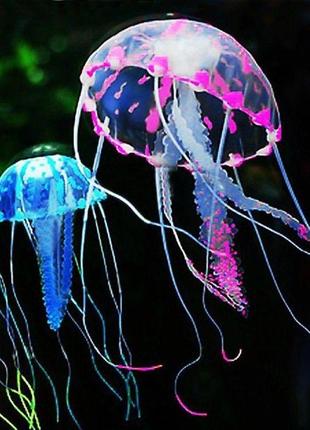 Медуза в аквариум голубая - диаметр шапки около 9,5см, длина около 18см, силикон, (в темноте не светится)4 фото