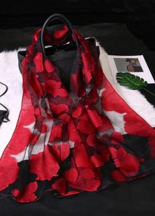 Шарф жіночий з червоними трояндочками - розмір 170*68см, поліестер
