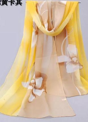 Жіночий шарф з квітами коричнево-жовтий - розмір шарфика приблизно 150*48см, шифон