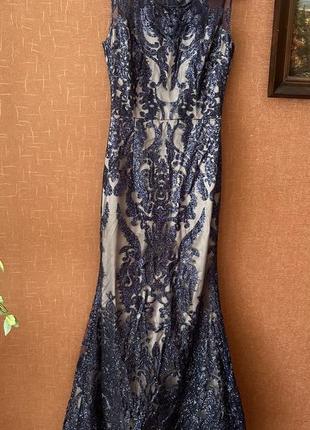 Красивое синее платье длинное вечернее в блестках со шлейфом, фасон рыбка5 фото