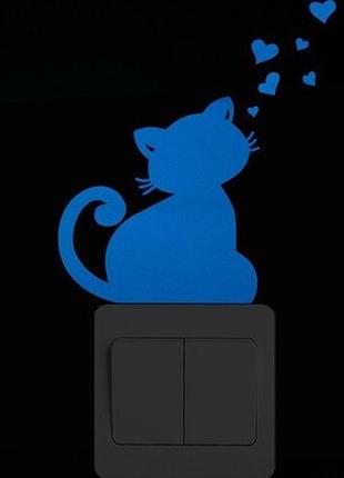 Люминесцентная наклейка "кот" - размер стикера 10*10см, (впитывает свет и светится в темноте голубым)1 фото