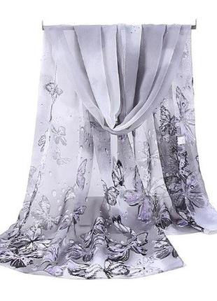 Женский шифоновый шарфик серый с бабочками - размер шарфа приблизительно 145*48см, 100% вискоза