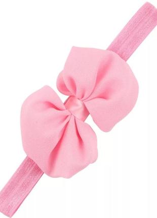 Детская розовая повязка с шифоновым бантом - на резинке, окружнсть головы 34-50см, бант 10см