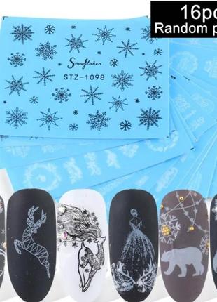 Новогодние наклейки на ногти набор - в наборе 16 штук