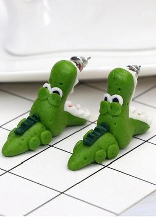 Серьги детские "крокодил", зеленый - длина серьг 3см, полимерная глина, (ручная работа)