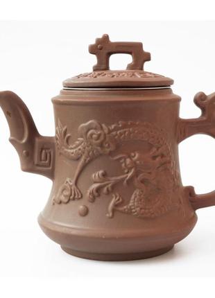 Чайник із ситом подвійний дракон коричневий на 500 мл, заварювальний чайник глиняний, чайник для заварювання чаю