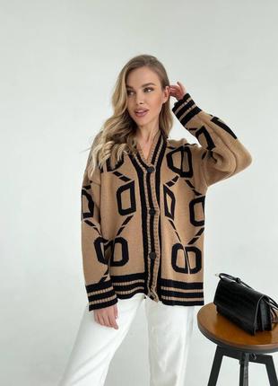 Кардиган оверсайз на пуговицах акрил шерсть с принтом вязаный