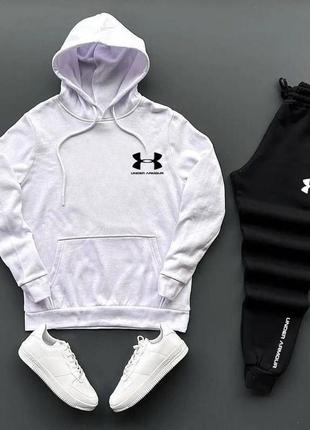 Спортивный костюм андер армоар under armour худи с капюшоном с карманом кенгуру штаны на манжетах комплект белый черный мужской натуральный