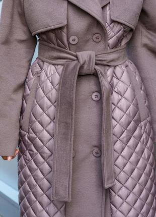 Оригінальне демісезонне жіноче пальто з кашеміру та стьобаної плащової тканини5 фото