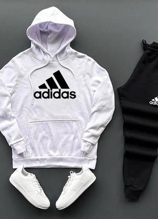 Спортивный костюм адидас adidas худи с капюшоном с карманом кенгуру штаны на манжетах комплект белый черный мужской натуральный