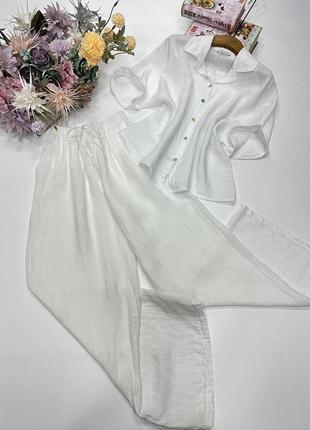 Костюм штани льон лляний палаццо кльош кюлоти коротка сорочка блузка довгий рукав прямі широкі піджак