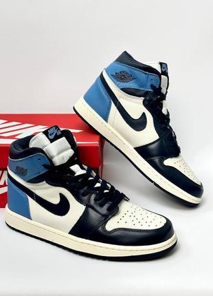 Лимитированные качественные кожаные кроссовки в стиле nike air jordan 1 blue / white топовые демисезонные классические мужские7 фото