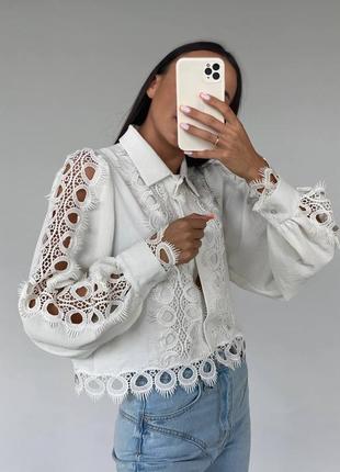 Рубашка белая молочная блуза с кружевом кружевом нарядная2 фото
