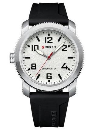 Мужские классические часы curren 8454 серебристые с белым циферблатом, чёрный ремешок