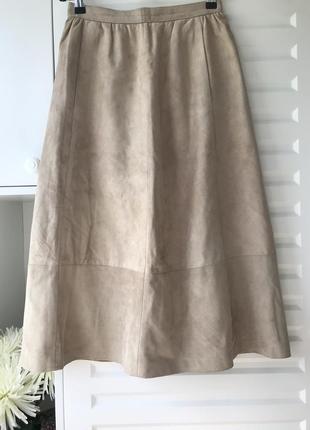 Замшевая юбка бежевая а-силуэт винтаж натуральная кожа классическая юбка3 фото
