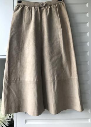 Замшевая юбка бежевая а-силуэт винтаж натуральная кожа классическая юбка5 фото