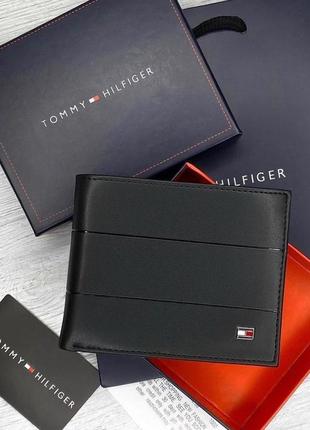 Мужской кожаный кошелек черный tommy hilfiger портмоне из натуральной кожи в подарочной упаковке