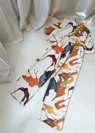 Мегастильний костюм виробництво туреччина з натуральної тканини цікавий принт широкі штани палаццо7 фото