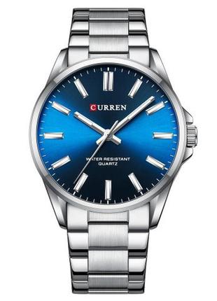 Мужские классические часы curren 9090 серебристые, синий циферблат