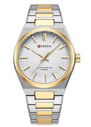 Мужские классические часы curren 8439 серебристые с золотистым, белый циферблат