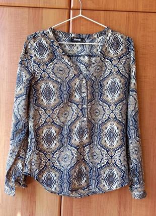 Жіноча бежево-синя сорочка оверсайз, блуза з геометричним принтом yendi.