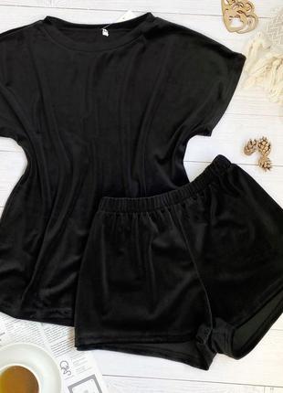 Плюшевая велюровая черная пижама футболка с шортами, комплект для дома