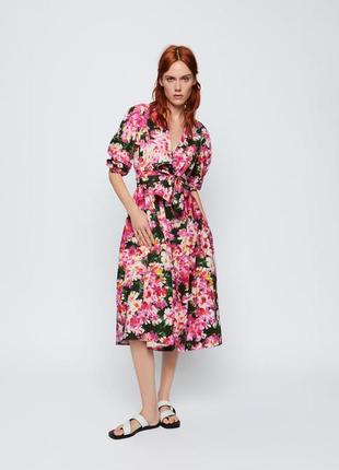 Сукня міді квітковий принт бавовняна сукня zara 🌺🌸🌺 в квіти з поясом