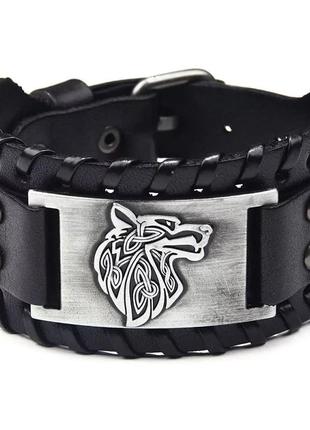 Кожаный браслет- талисман  в скандинавском стиле волк фенрир пара чёрный