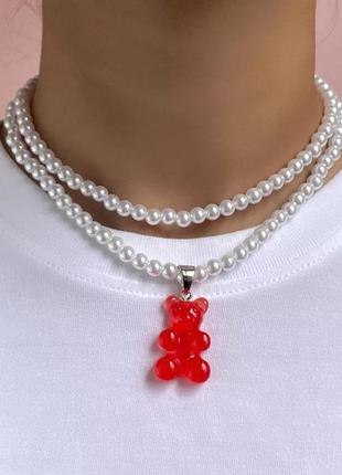 Ожерелье с мармеладным мишкой красным - длина 37см, размер мишки 3*2см