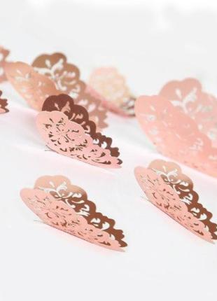 Декоративні 3d метелики мереживні, на скотчі, рожеве золото, в наборі 12штук різних розмірів, пластик3 фото