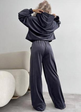 Костюм велюровый брюки палаццо цвет: серый, графит, голубой, черный4 фото