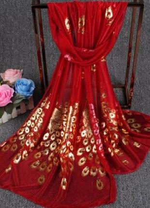 Женский бордовый шарф с павлинами - размер шарфа 170*40см