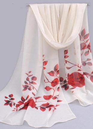 Женский бежевый шарф с красными розами - размер шарфа приблизительно 148*47см, шифон