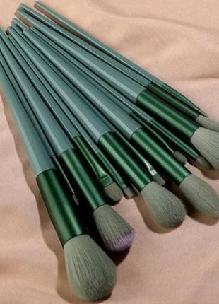 Набор кистей для макияжа зеленые 13 штук, искусственный ворс