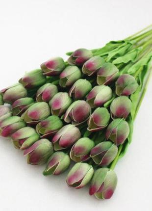 Искусственные тюльпаны зеленый + розовый - 5 штук, на вид и на ощупь как живые, длина 34см, длина бутона 5см