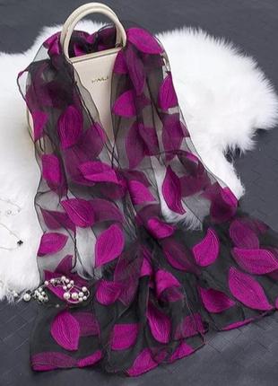 Женский шарф с малиновыми листьями - размер 180*68см, полиэстер