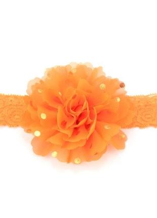 Детская оранжевая повязка в золотой горох - цветок около 10см, окружность 40-52см