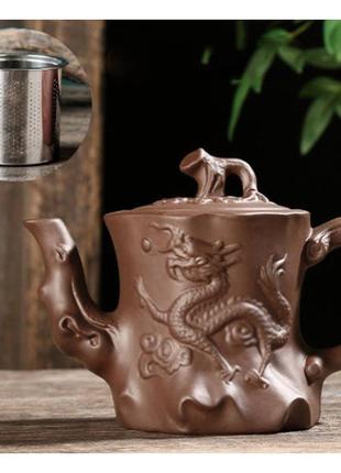 Чайник із ситом 400 мл дерево дракона коричневий, заварювальний чайник глиняний, чайник для заварювання чаю