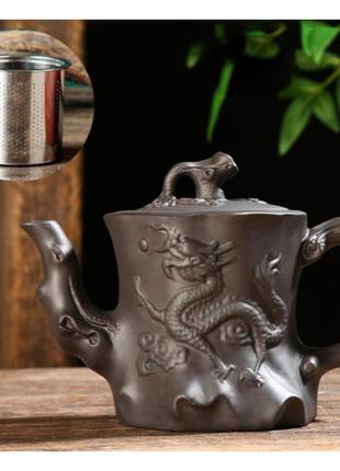 Чайник заварник с ситом дерево дракона чёрный 400 мл, заварочный чайник глиняный, чайник для заваривания чая