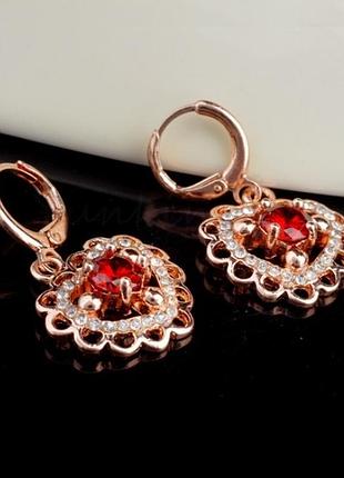 🏵шикарні ювелірні сережки серце гранати фіаніти, нові! арт. 8538