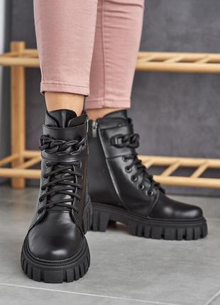 Женские ботинки кожаные зимние чёрные на шнурках и молнии, жіночі черевики шкіряні зимові чорні7 фото