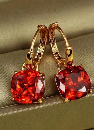 Сережки xuping jewelry підвіски червоний знімний камінь 2.2 см золотисті