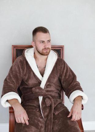 Чоловічий махровий халат для дому довгий банний халат плюшевий з капюшоном та поясом1 фото