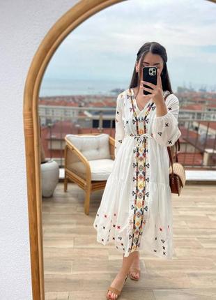 Платье вышиванка вышивка рубашка длинная свободная оверсайз миди белая молочная туреченица