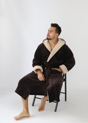 Мужской махровый халат для дома длинный банный халат плюшевый с капюшоном и поясом
