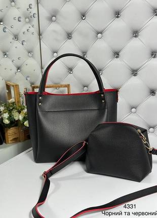 Комплект женских сумок кожзам черная с красным краем1 фото