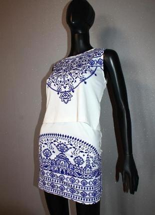 Стильный белый синий летний костюм топ и юбка роспись гжель м-л1 фото