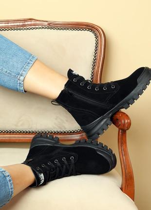 Стильные базовые черные ботинки женские, демисезон, весеннево-осенние, деми, замшевые/замша-женская обувь3 фото