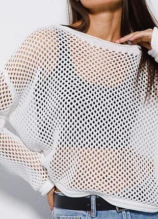 Вязаная кофта oversize в сеточки светло-молочная
